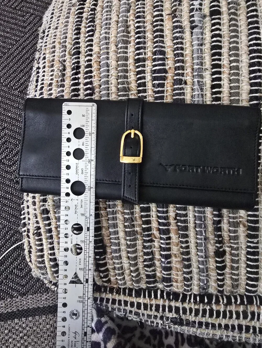 Black Leather Jewerlry Roll with Gold Buckle Fort Worth Inscripted